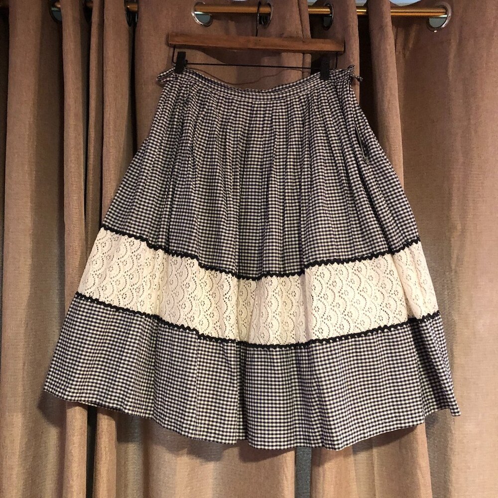 Vintage Gingham Lace Black White Skirt Tulle Country Retro 50s 60s Med Holiday